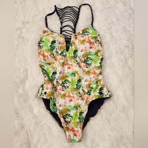 Sperry Reversible Flamingo Print and Blue Strappy Back One Piece Bathing Suit